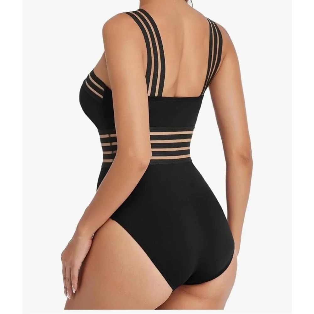 NWT Hilor Strappy Mesh Halter Cross Back One Piece Swimsuit L Black Sexy Minimal